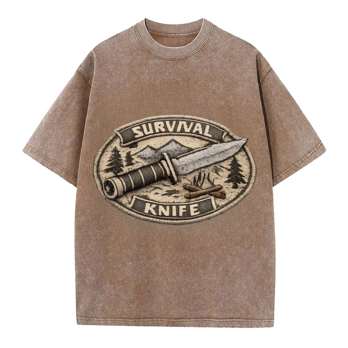 SURVIVAL KNIFE - fixed blade with compass in silver and black , bushcraft - Vintage T-shirt - Brown