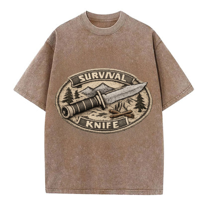 SURVIVAL KNIFE - fixed blade with compass in silver and black , bushcraft - Vintage T-shirt - Brown