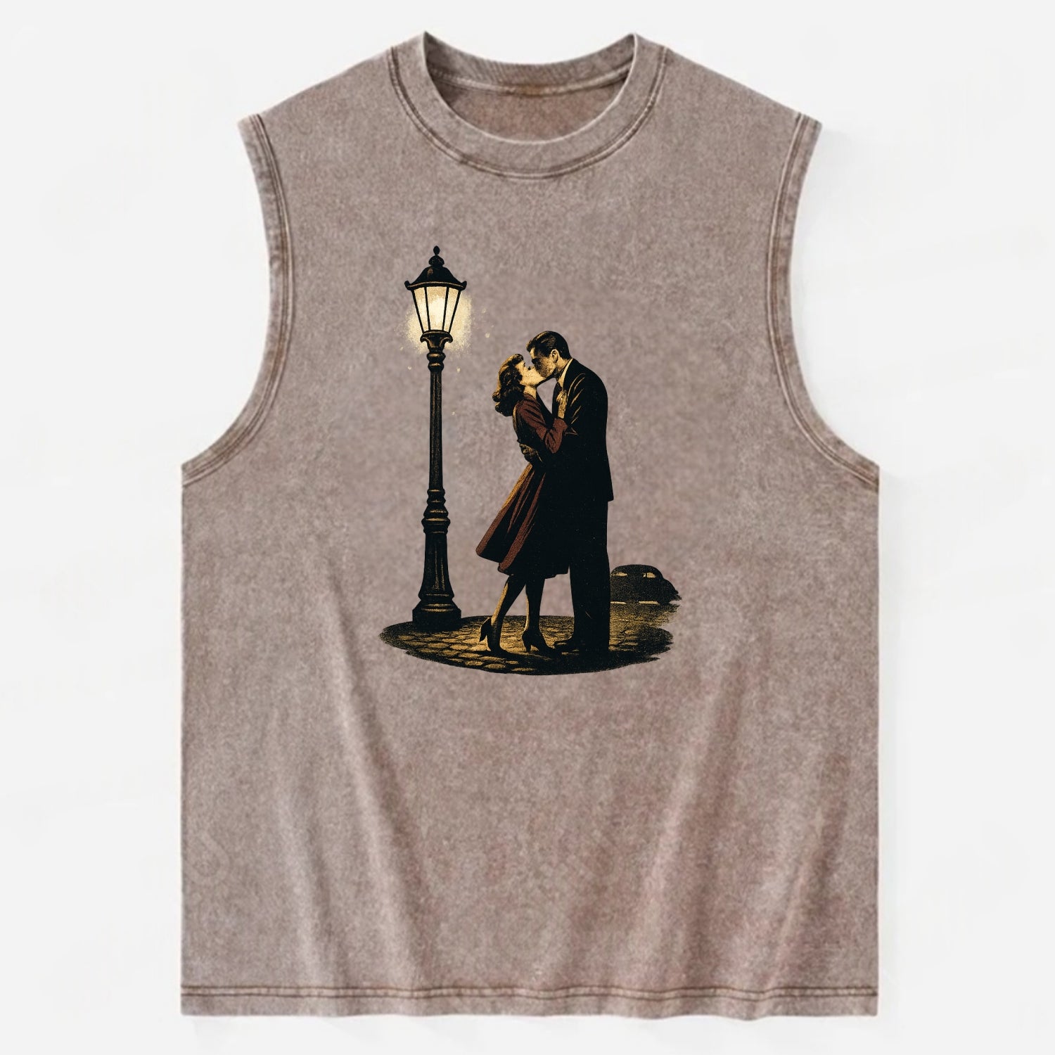 first kiss under vintage street lamp on cobblestone at night - Vintage Washed Tank - Brown