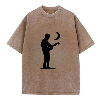 Guitarist playing acoustic under moonlight - Vintage T-shirt - Brown