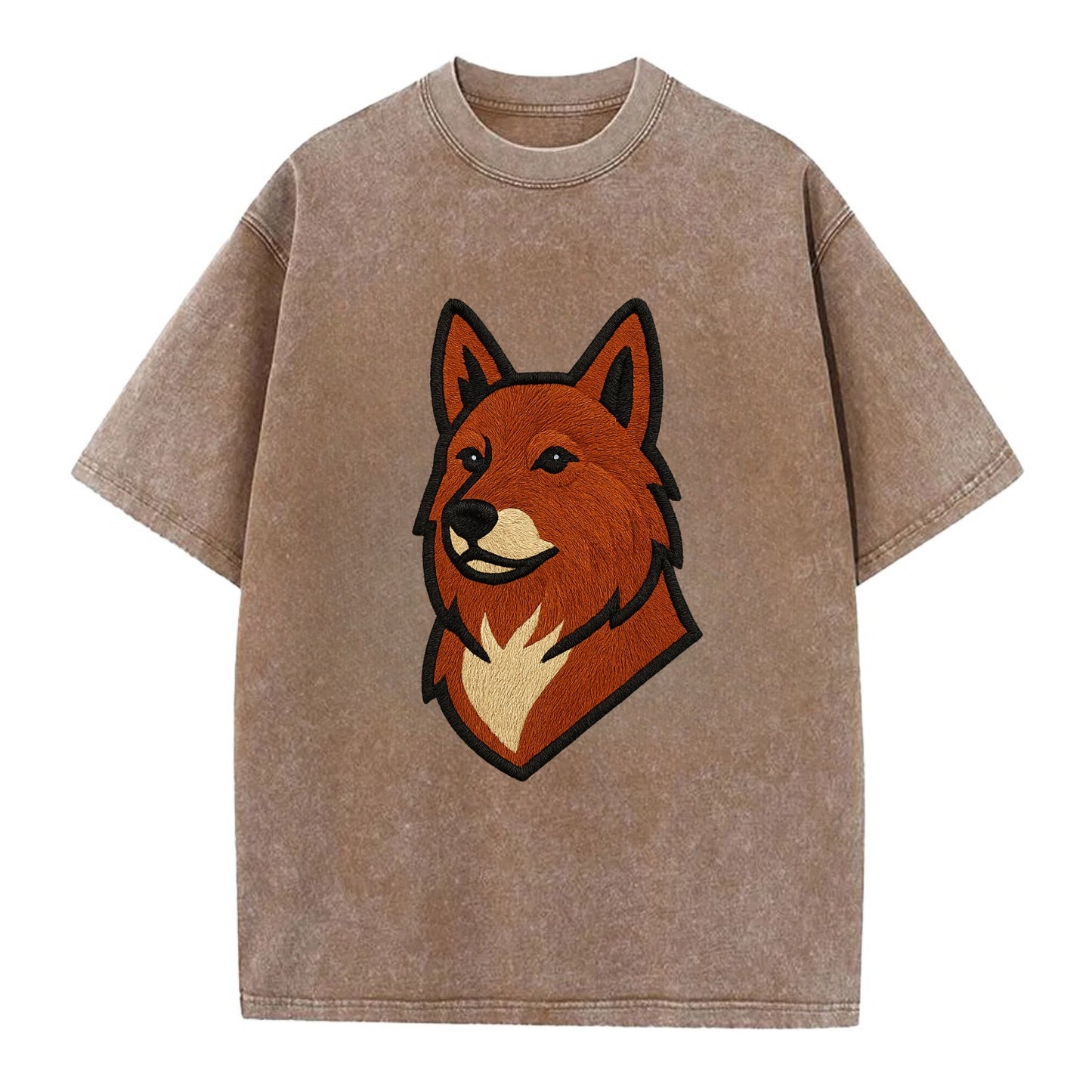 Finnish Spitz - Fox-red pointed ears embroidered pose - Vintage T-shirt - Brown