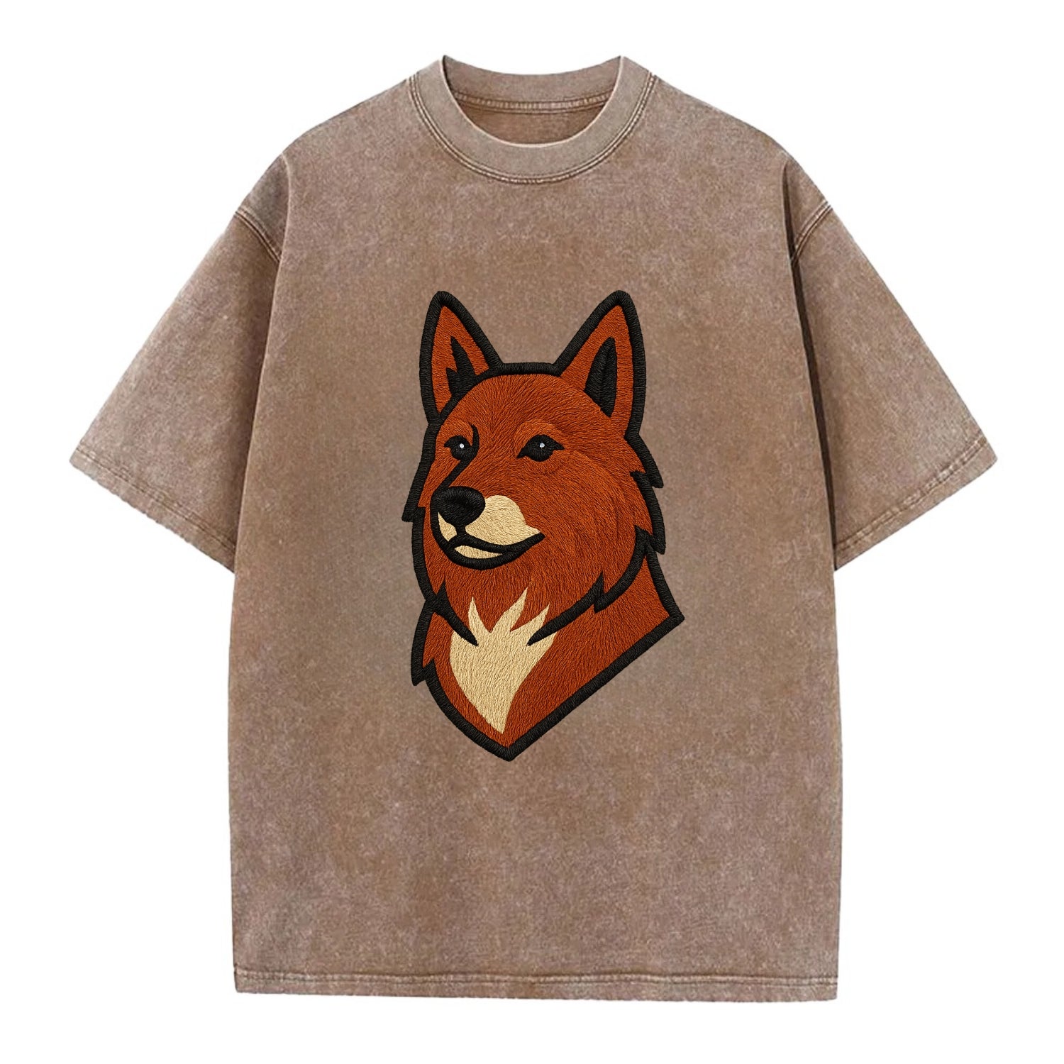 Finnish Spitz - Fox-red pointed ears embroidered pose - Vintage T-shirt - Brown