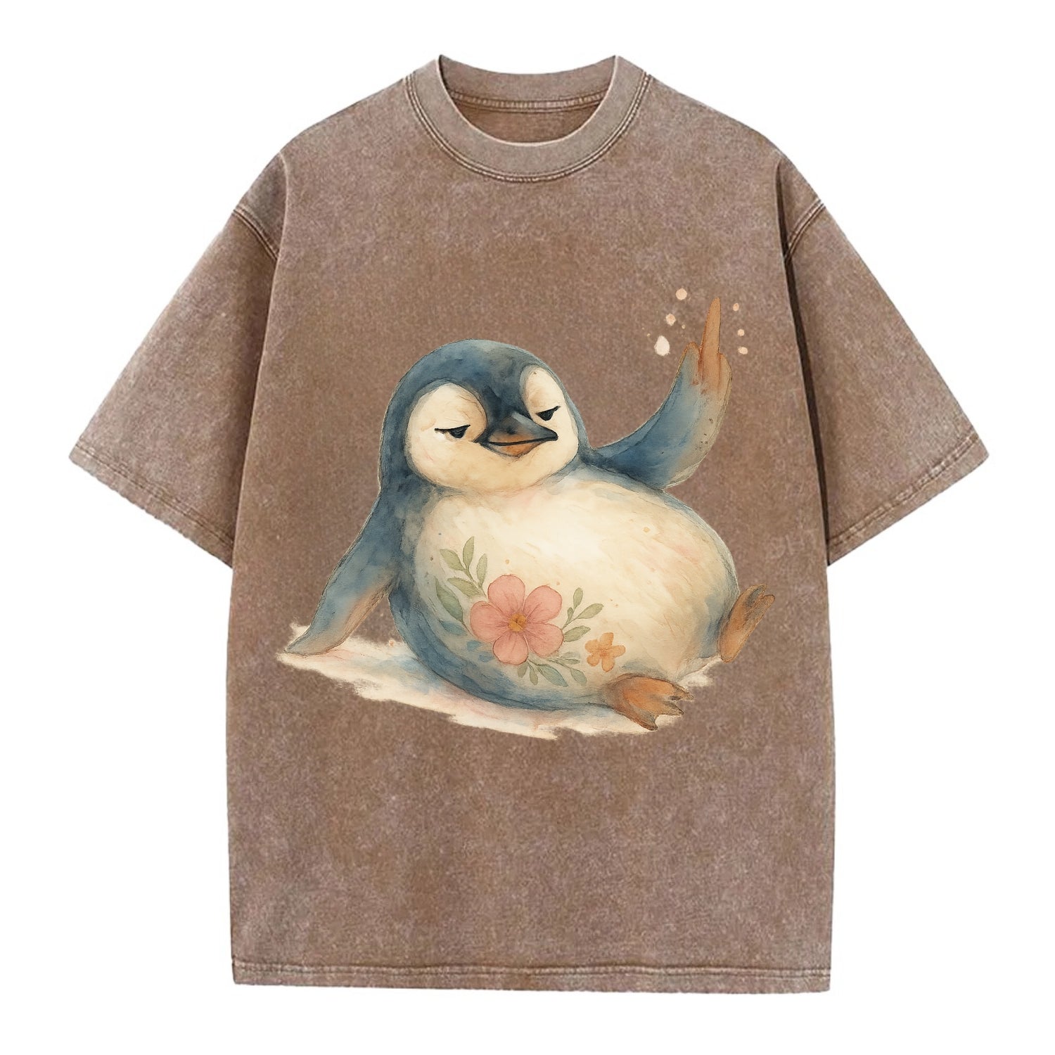 chubby penguin sliding on belly, one flipper up giving attitude - Vintage T-shirt - Brown