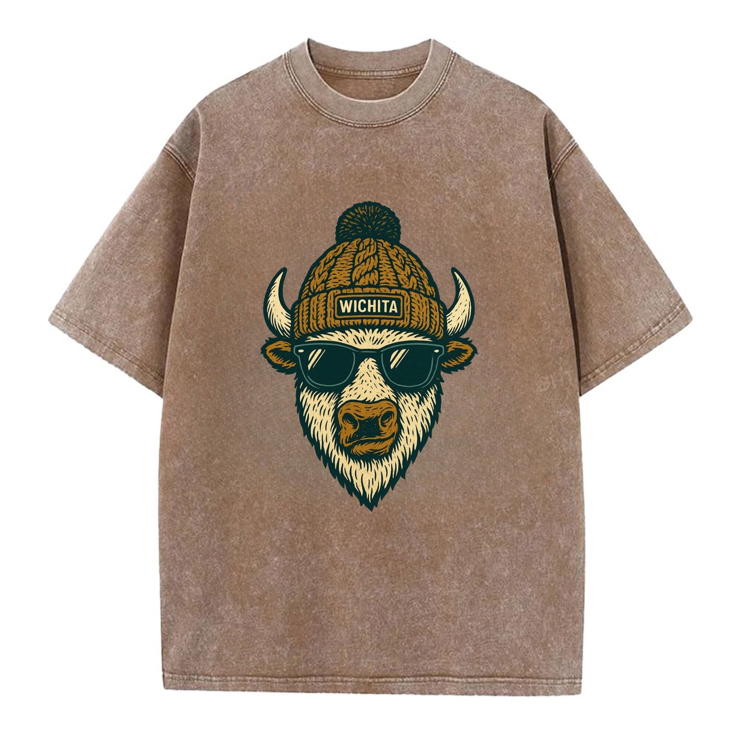 Kansas American Bison wearing Wichita beanie with pom pom and wayfarer sunglasses - Vintage T-shirt - Brown