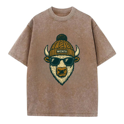 Kansas American Bison wearing Wichita beanie with pom pom and wayfarer sunglasses - Vintage T-shirt - Brown
