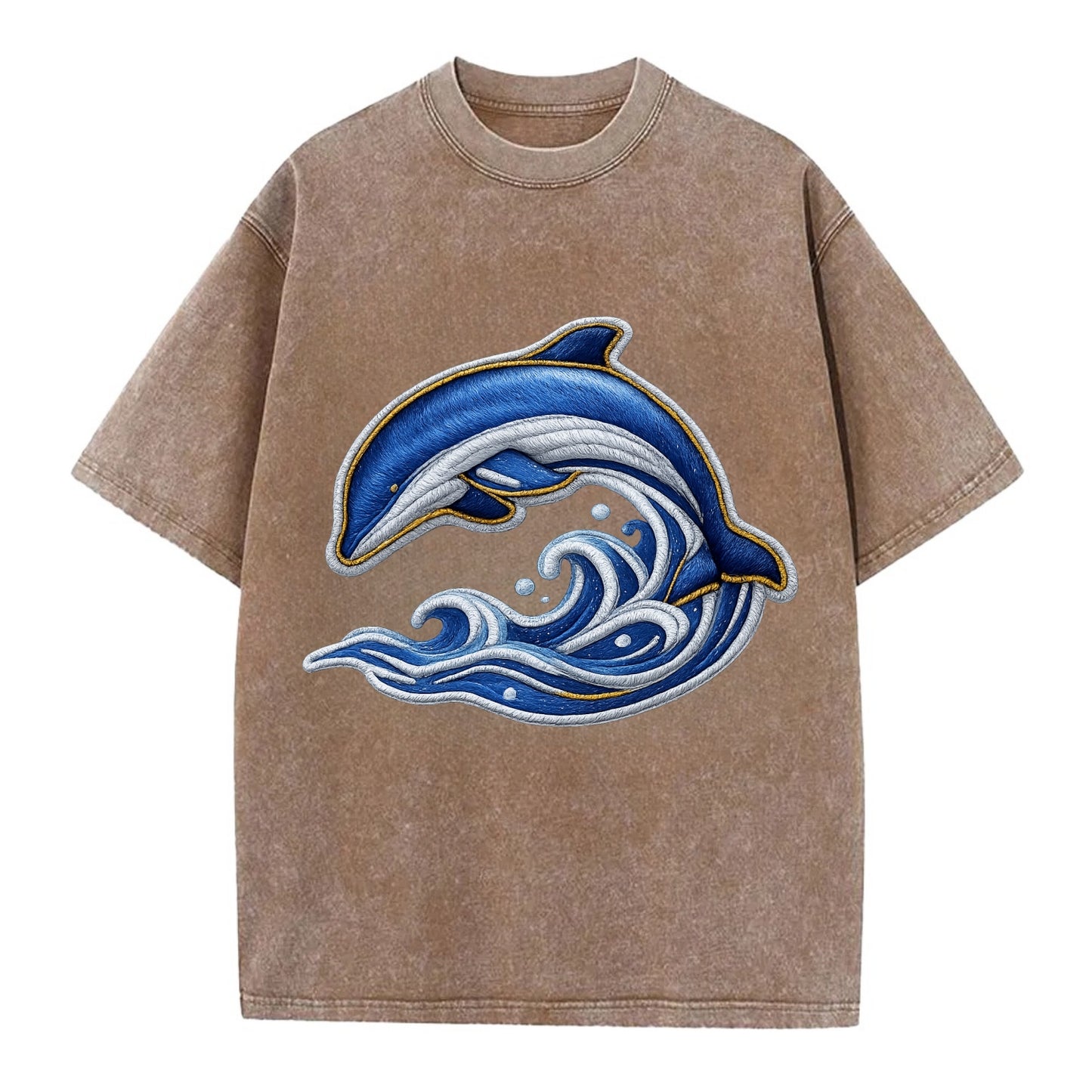 Embroidered patch design - SWIMMING DOLPHIN - diving dolphin with waves in blue - Vintage T-shirt - Brown