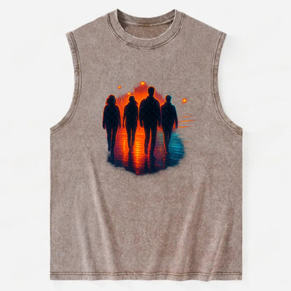 gang of silhouettes walking together at sunset by the beach - Vintage Washed Tank - Brown