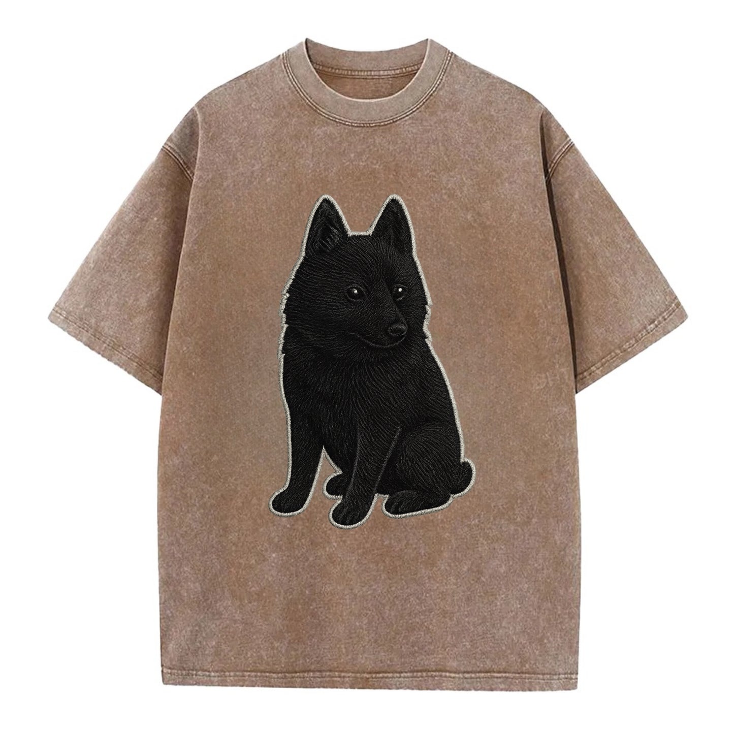Schipperke - Solid black small embroidered sitting pose - Vintage T-shirt - Brown