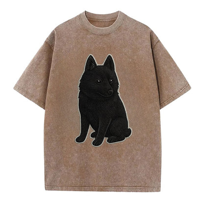 Schipperke - Solid black small embroidered sitting pose - Vintage T-shirt - Brown