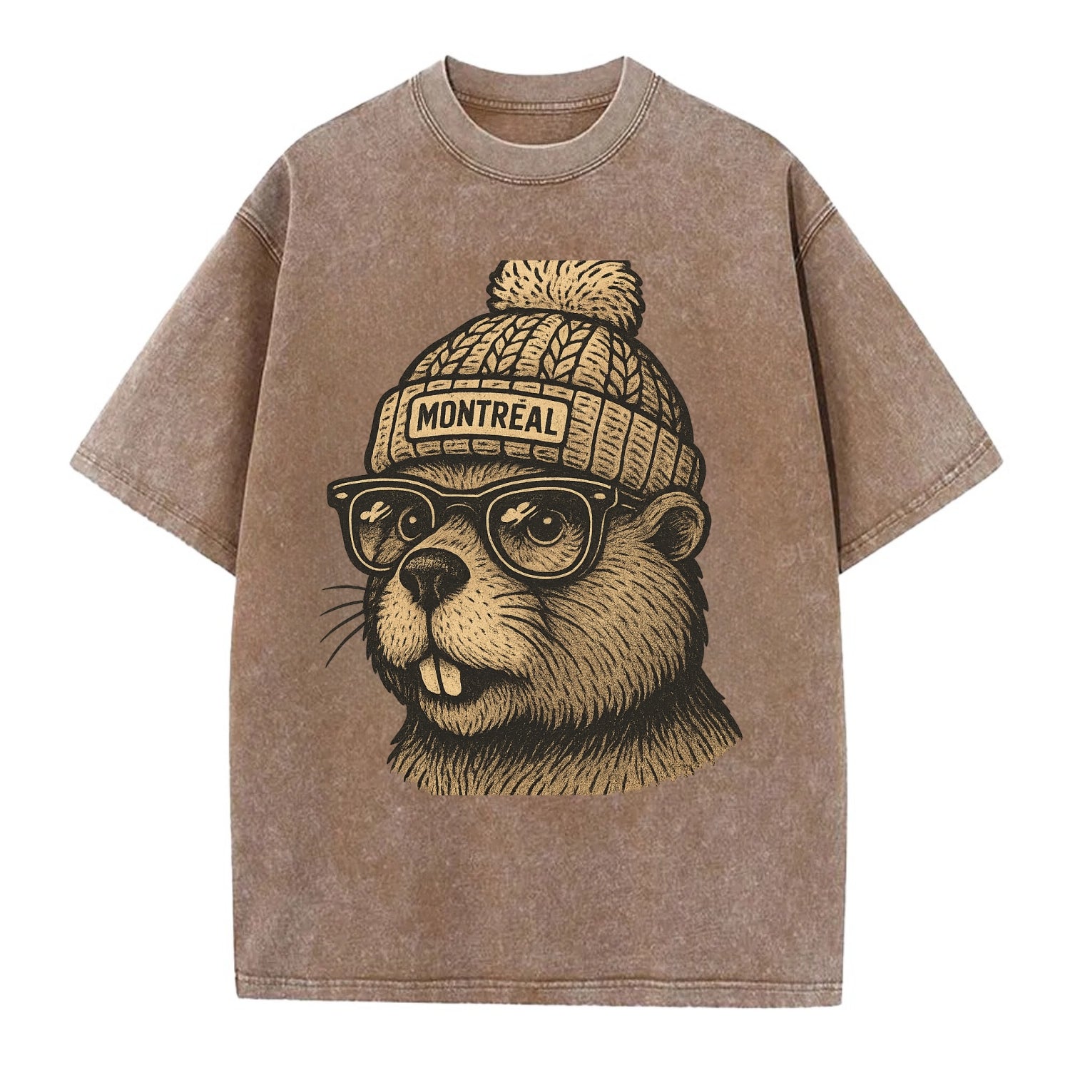 Montreal Beaver wearing Montreal beanie with pom pom and wayfarer sunglasses - Vintage T-shirt - Brown
