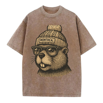 Montreal Beaver wearing Montreal beanie with pom pom and wayfarer sunglasses - Vintage T-shirt - Brown