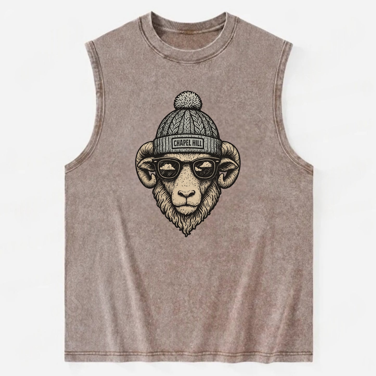 Chapel Hill Tar Heel Ram wearing UNC bea - Vintage Washed Tank - Brown