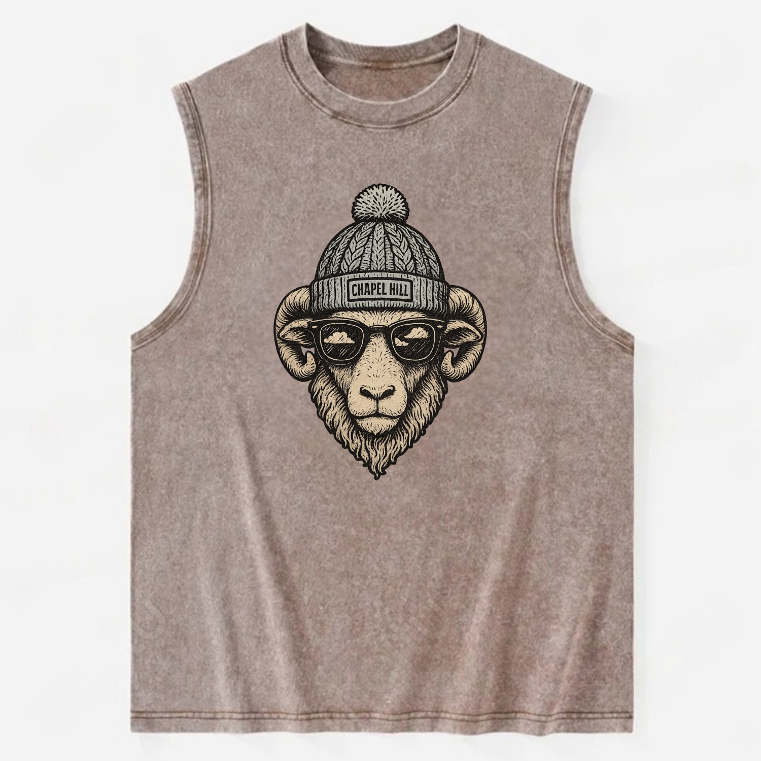 Chapel Hill Tar Heel Ram wearing UNC bea - Vintage Washed Tank - Brown
