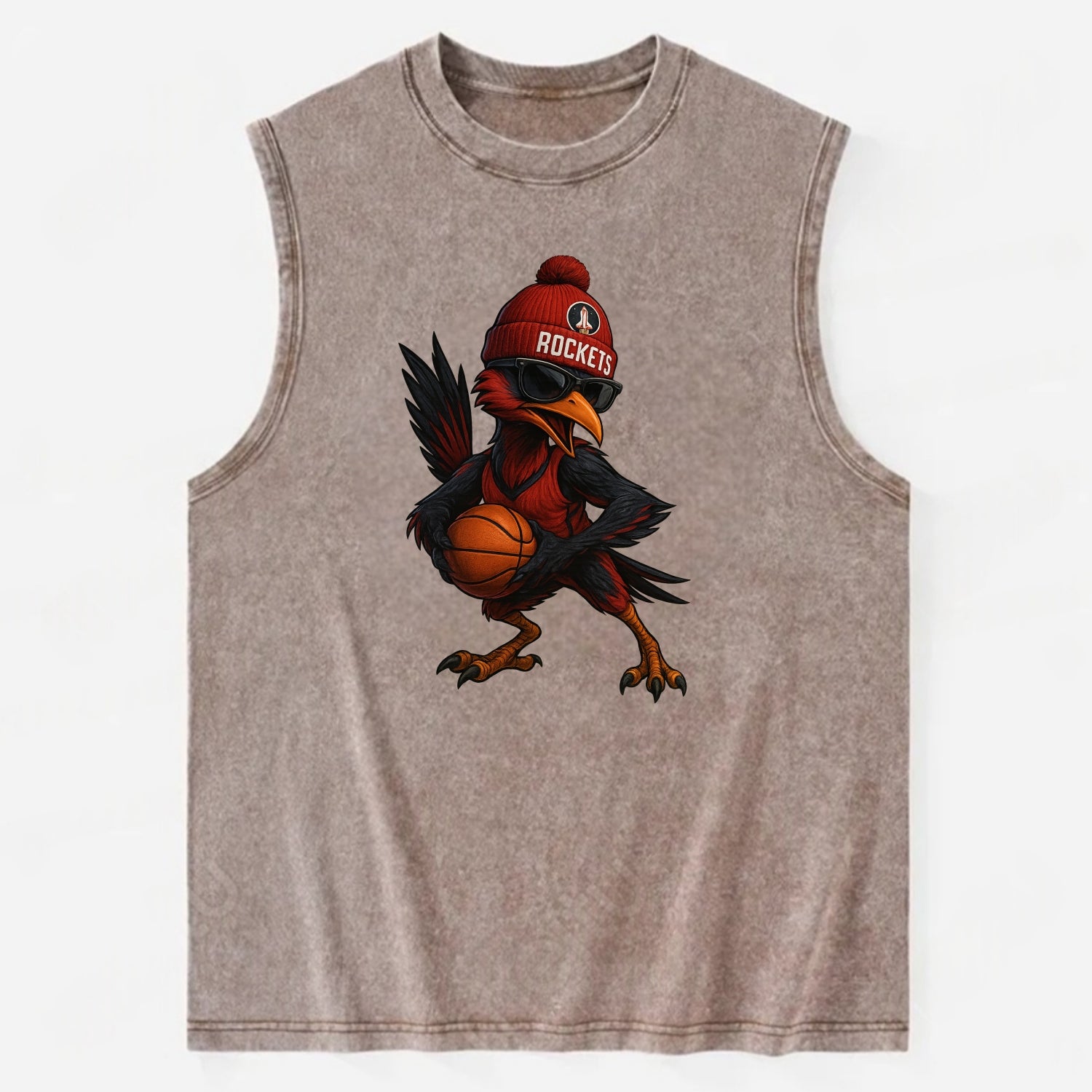 Houston Roadrunner wearing Rockets beanie with launch pad patch and wayfarer - Vintage Washed Tank - Brown
