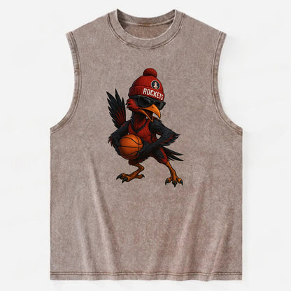 Houston Roadrunner wearing Rockets beanie with launch pad patch and wayfarer - Vintage Washed Tank - Brown