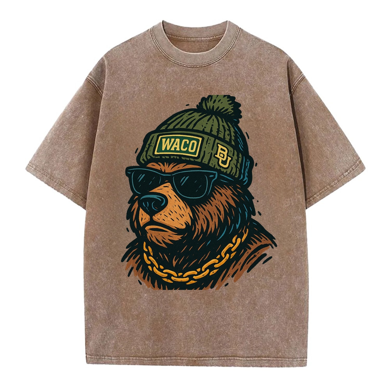 Waco Bear wearing Baylor beanie with BU patch - Vintage T-shirt - Brown