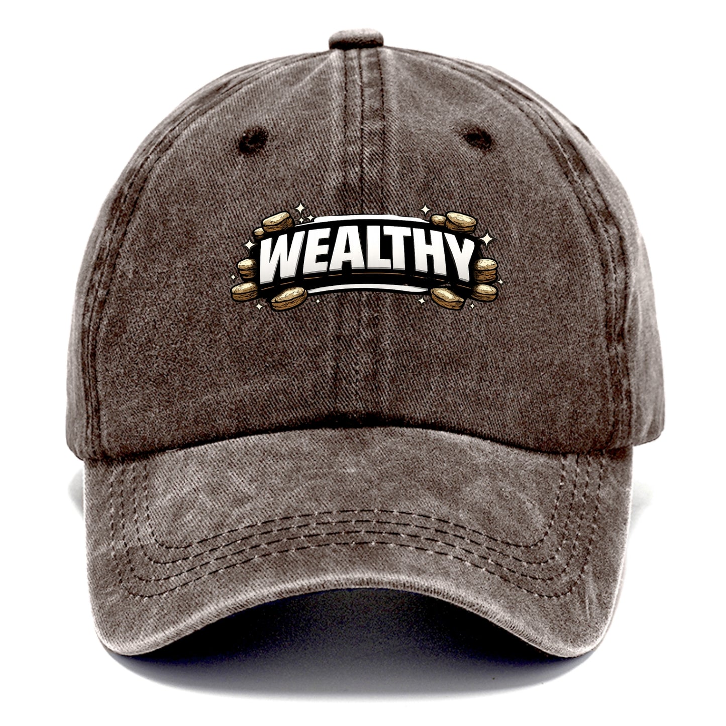 Bold typography design - "WEALTHY" - financial abundance, rich life - Classic Cap - Brown