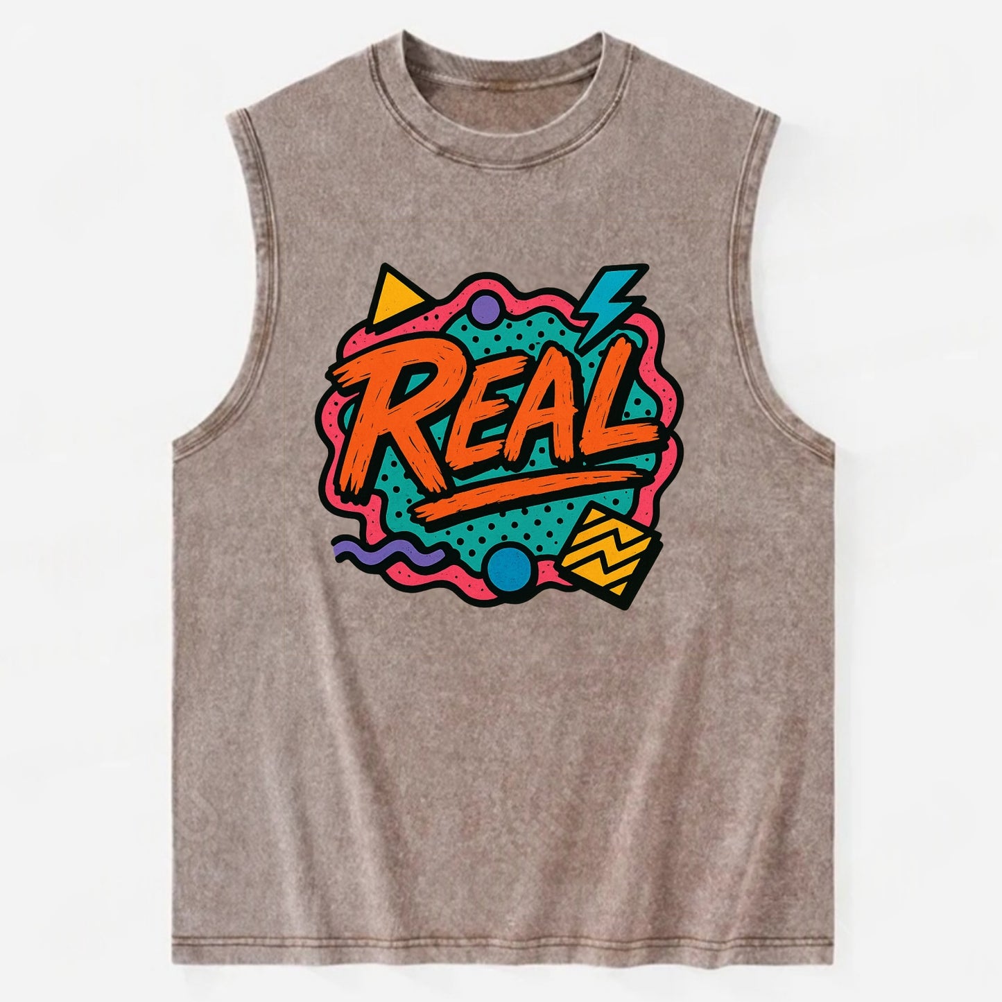 Imperfect brush strokes spelling "Real" - authenticity over perfection, raw - Vintage Washed Tank - Brown