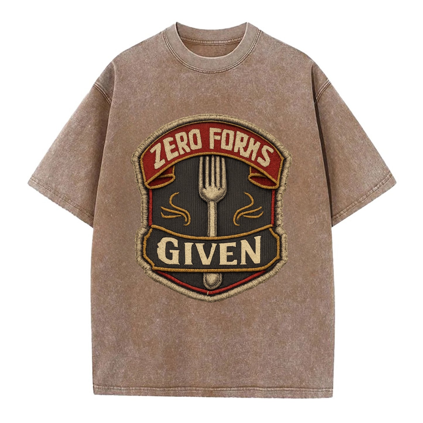 ZERO FORKS GIVEN - fork with text in silver , no cares attitude - Vintage T-shirt - Brown