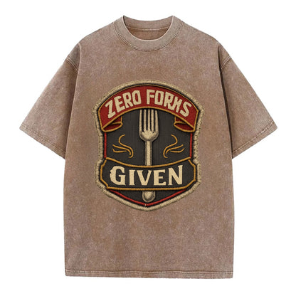 ZERO FORKS GIVEN - fork with text in silver , no cares attitude - Vintage T-shirt - Brown