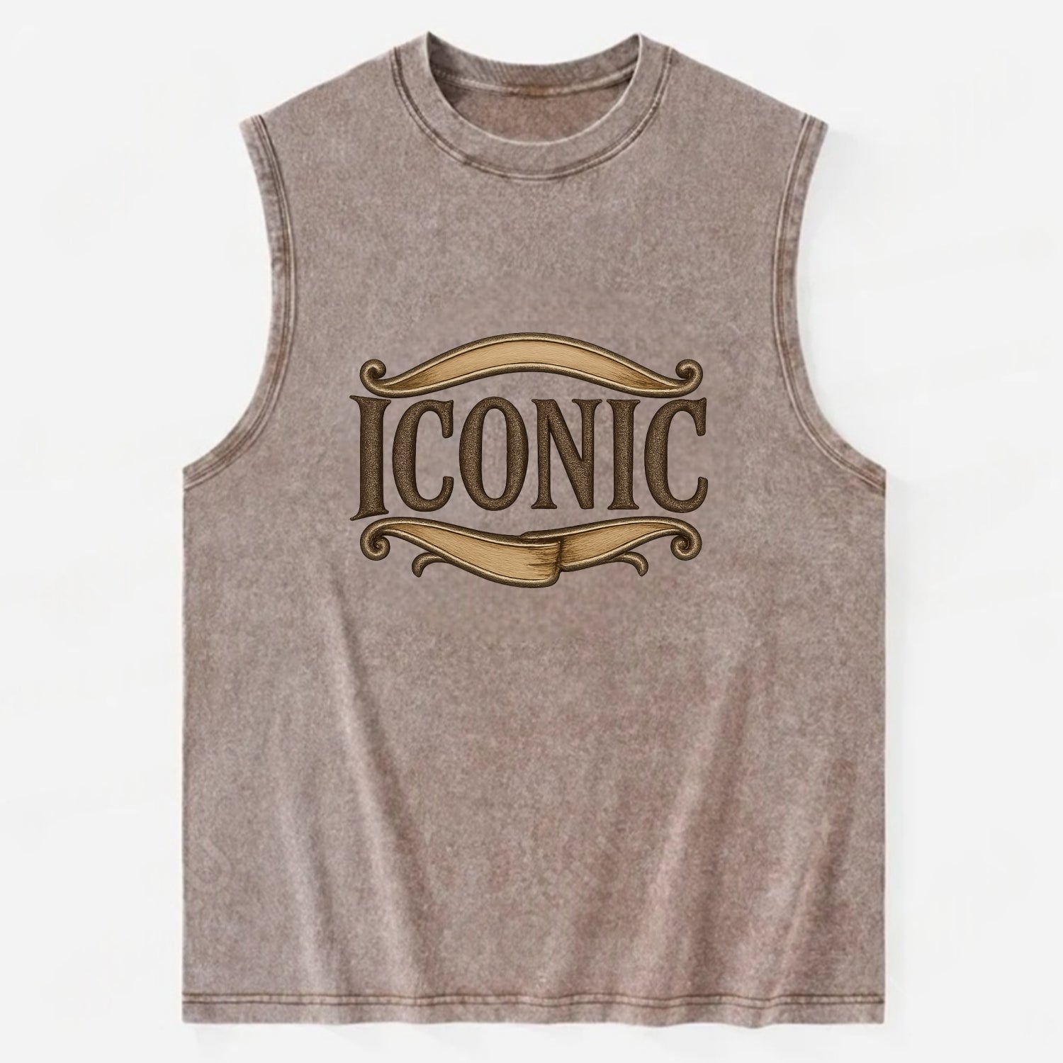 Bold typography design - "ICONIC" - instantly recognizable, trendsetter - Vintage Washed Tank - Brown