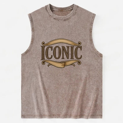 Bold typography design - "ICONIC" - instantly recognizable, trendsetter - Vintage Washed Tank - Brown
