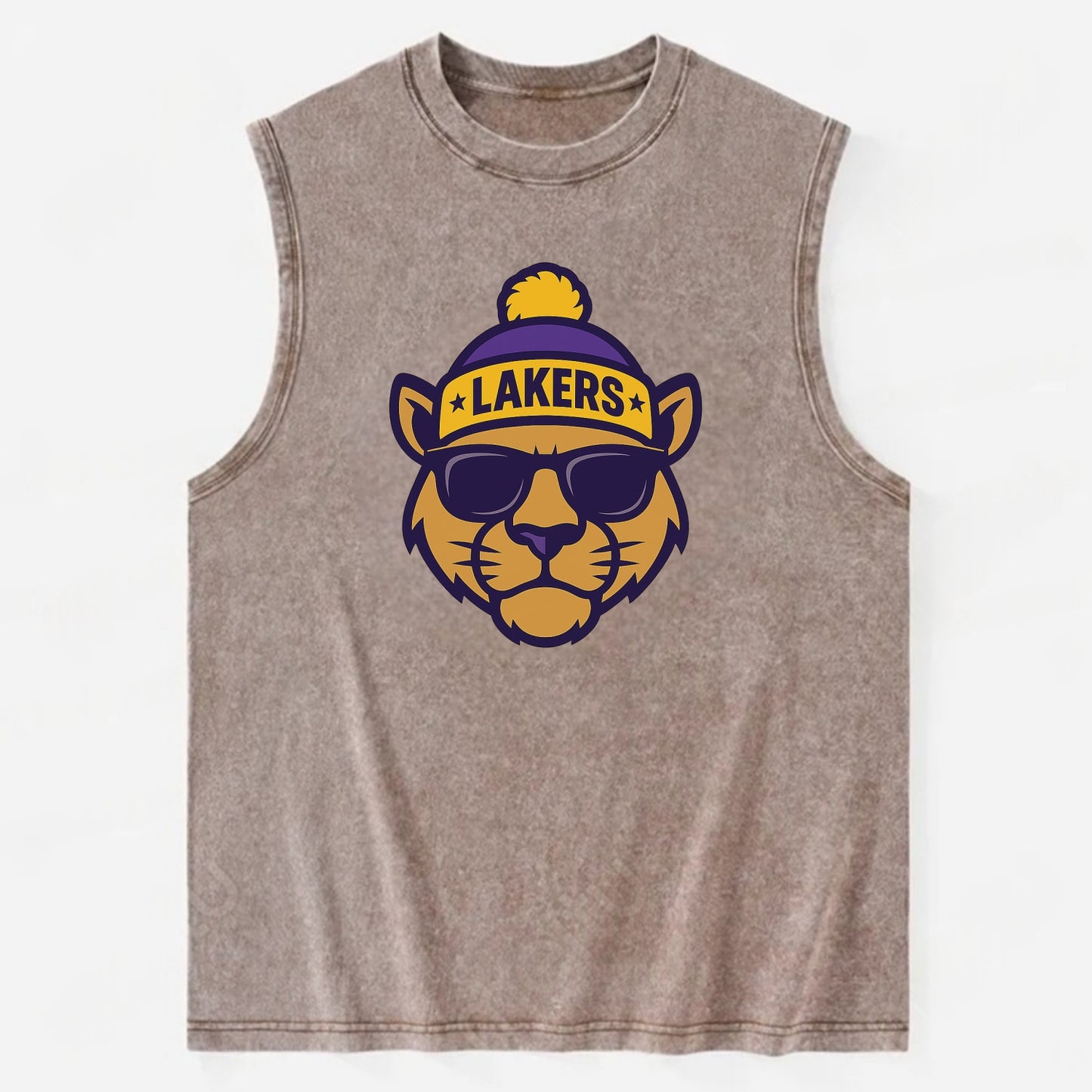 LA Mountain Lion wearing Lakers purple and gold beanie with championship - Vintage Washed Tank - Brown
