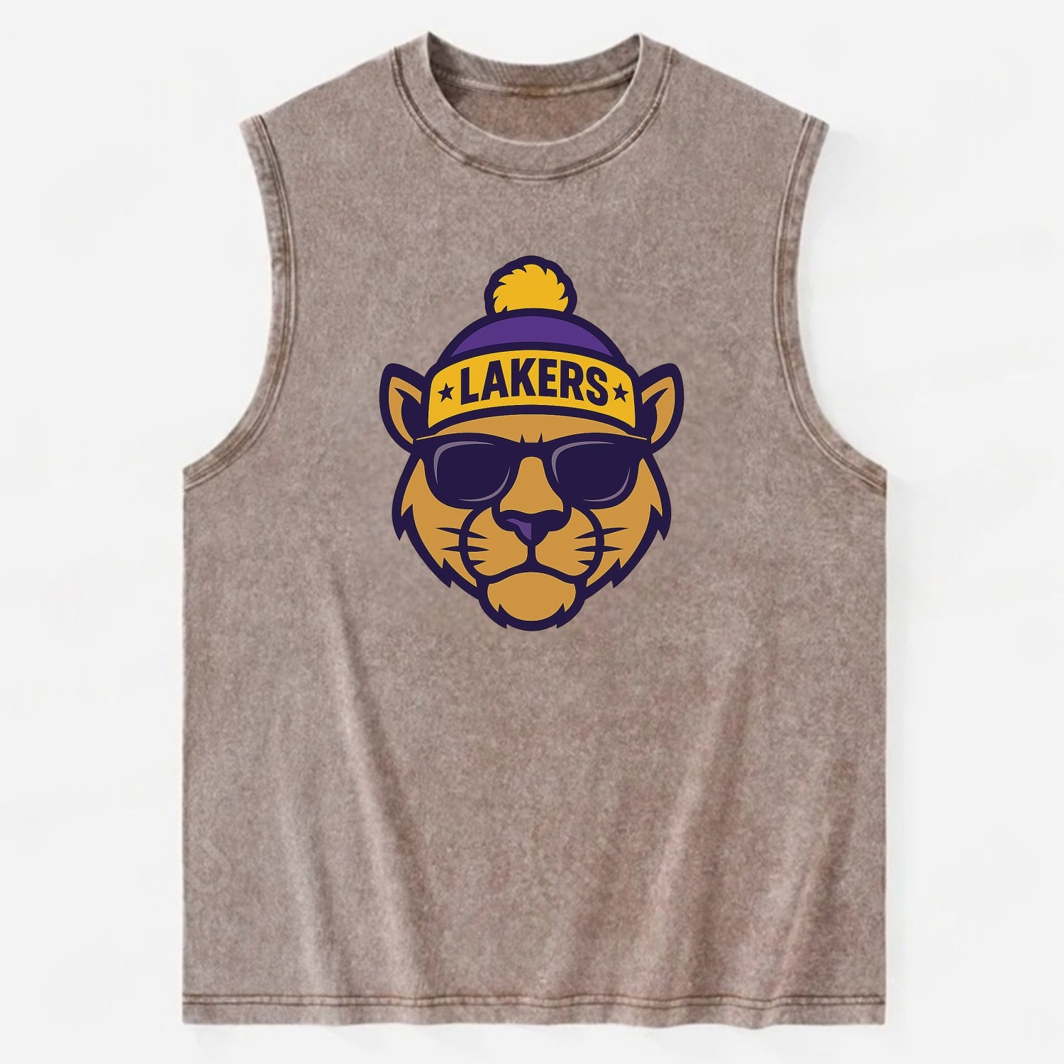 LA Mountain Lion wearing Lakers purple and gold beanie with championship - Vintage Washed Tank - Brown