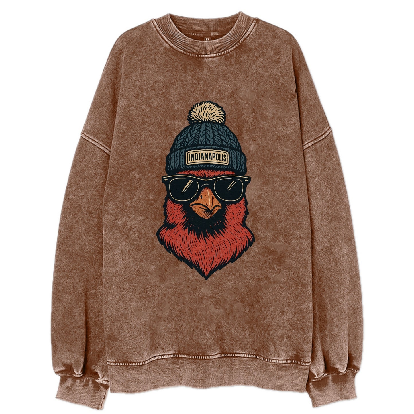 Indiana Cardinal wearing Indianapolis beanie with pom pom and wayfarer - Vintage Sweatshirt - Brown