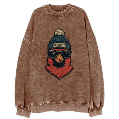 Indiana Cardinal wearing Indianapolis beanie with pom pom and wayfarer - Vintage Sweatshirt - Brown