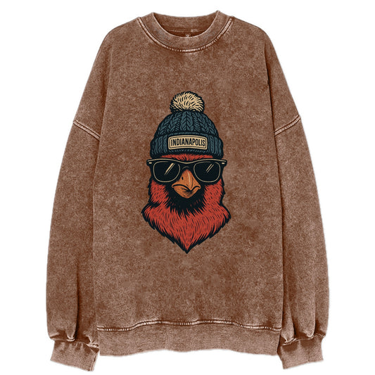 Indiana Cardinal wearing Indianapolis beanie with pom pom and wayfarer - Vintage Sweatshirt - Brown