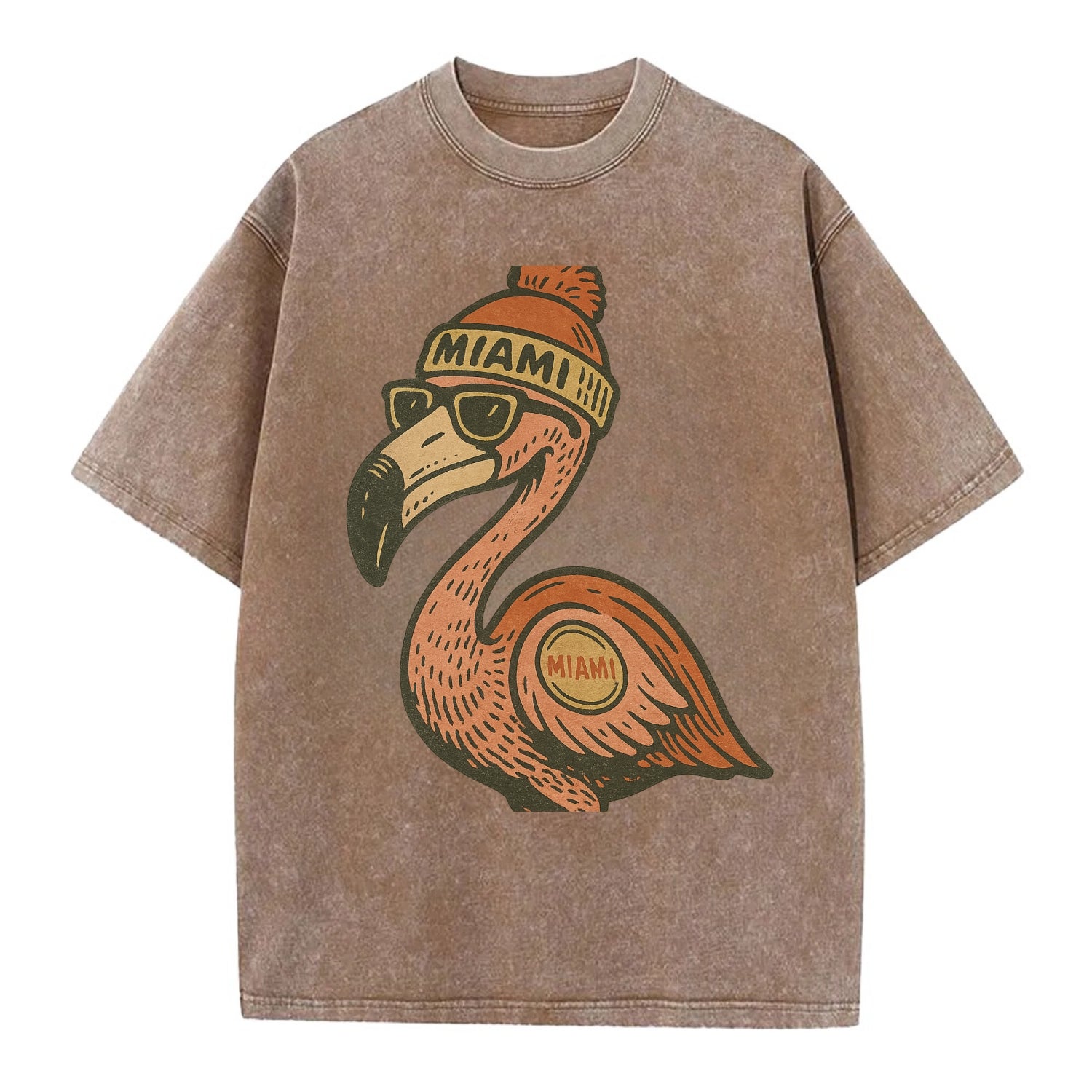 Miami Flamingo wearing Miami beanie with pom pom and wayfarer sunglasses - Vintage T-shirt - Brown