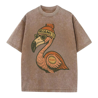 Miami Flamingo wearing Miami beanie with pom pom and wayfarer sunglasses - Vintage T-shirt - Brown