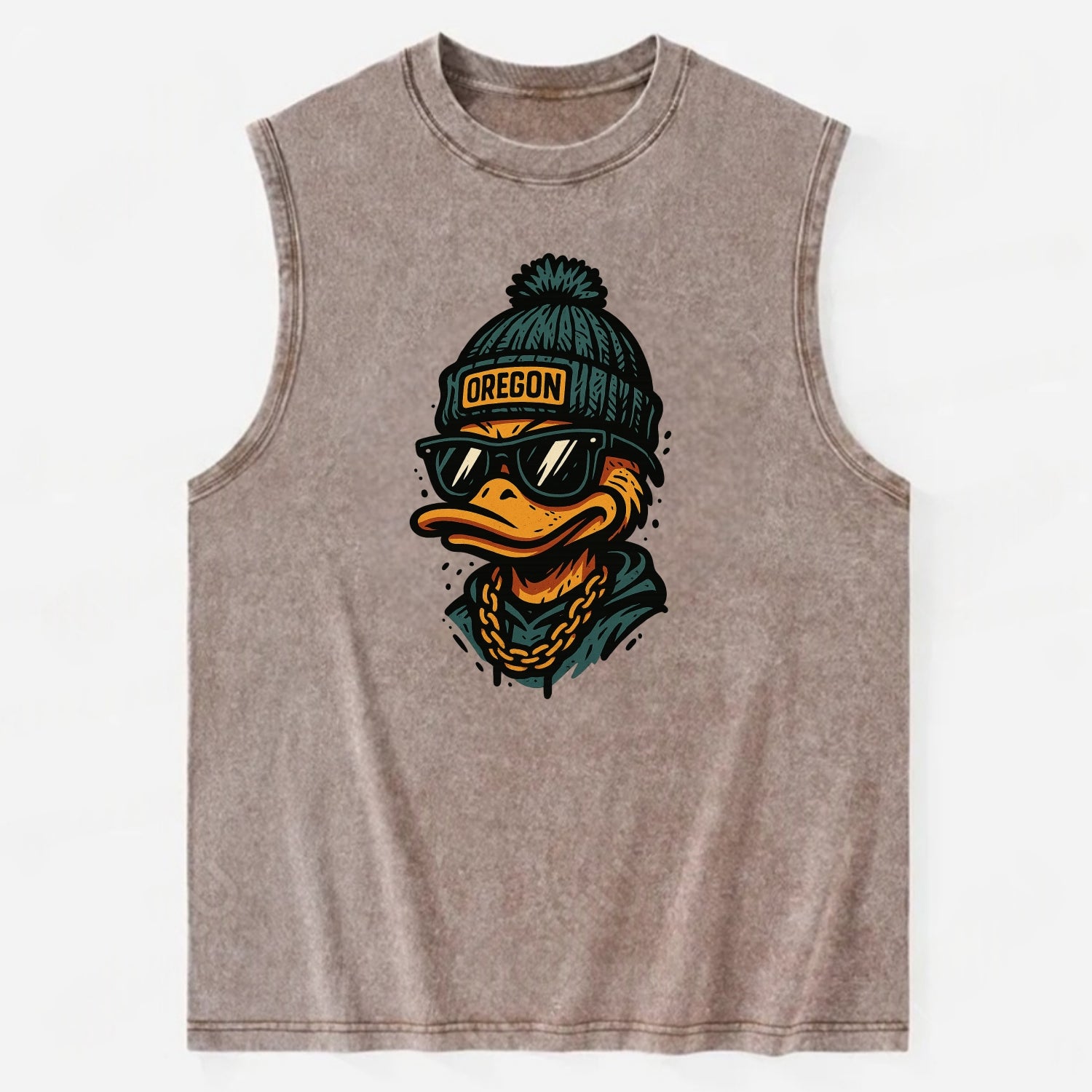 Eugene Duck wearing Oregon beanie with p - Vintage Washed Tank - Brown