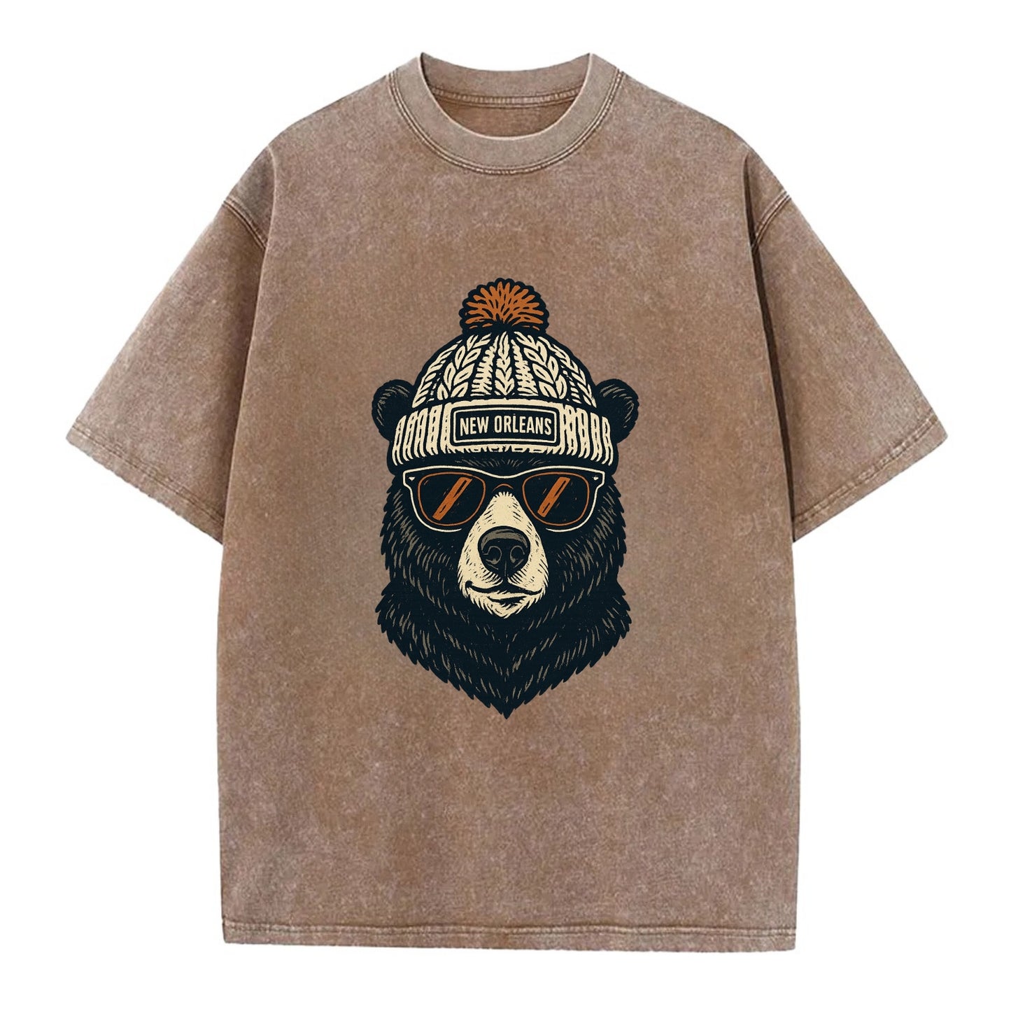 Louisiana Black Bear wearing New Orleans beanie with pom pom and wayfarer - Vintage T-shirt - Brown