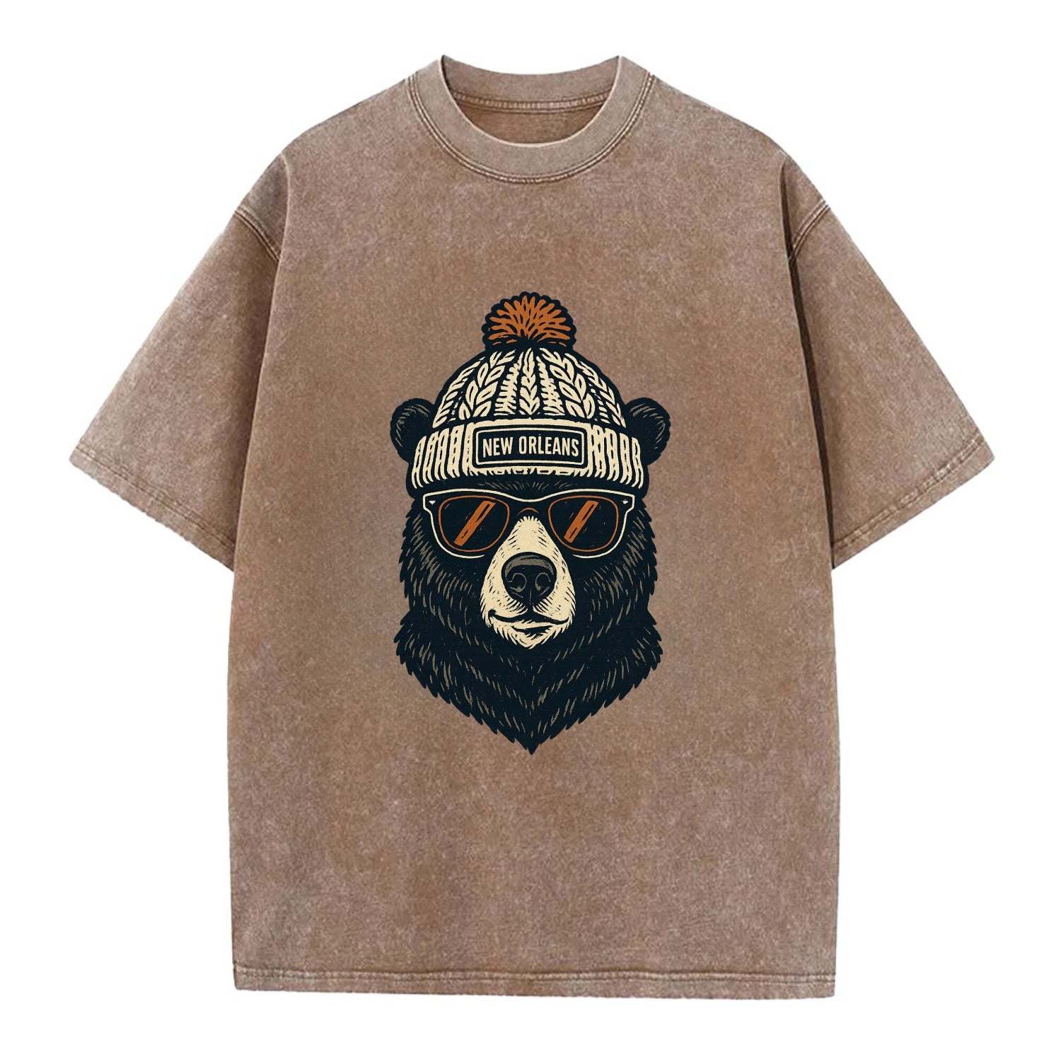 Louisiana Black Bear wearing New Orleans beanie with pom pom and wayfarer - Vintage T-shirt - Brown