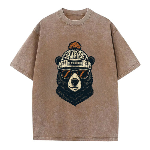Louisiana Black Bear wearing New Orleans beanie with pom pom and wayfarer - Vintage T-shirt