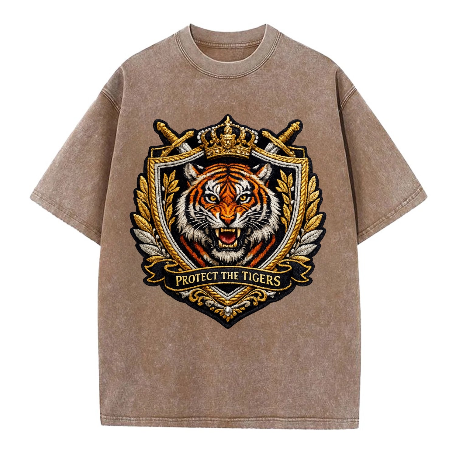 PROTECT THE TIGERS - tiger with shield in orange , big cat conservation - Vintage T-shirt - Brown
