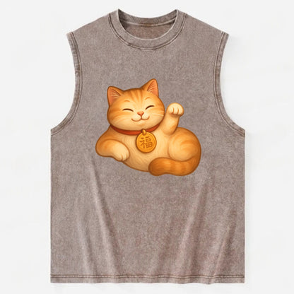Maneki Neko Pose - Vintage Washed Tank - Brown