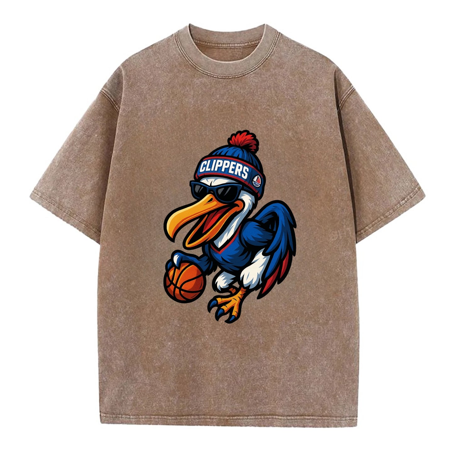 Los Angeles Pelican wearing Clippers beanie with sailboat patch and wayfarer - Vintage T-shirt - Brown