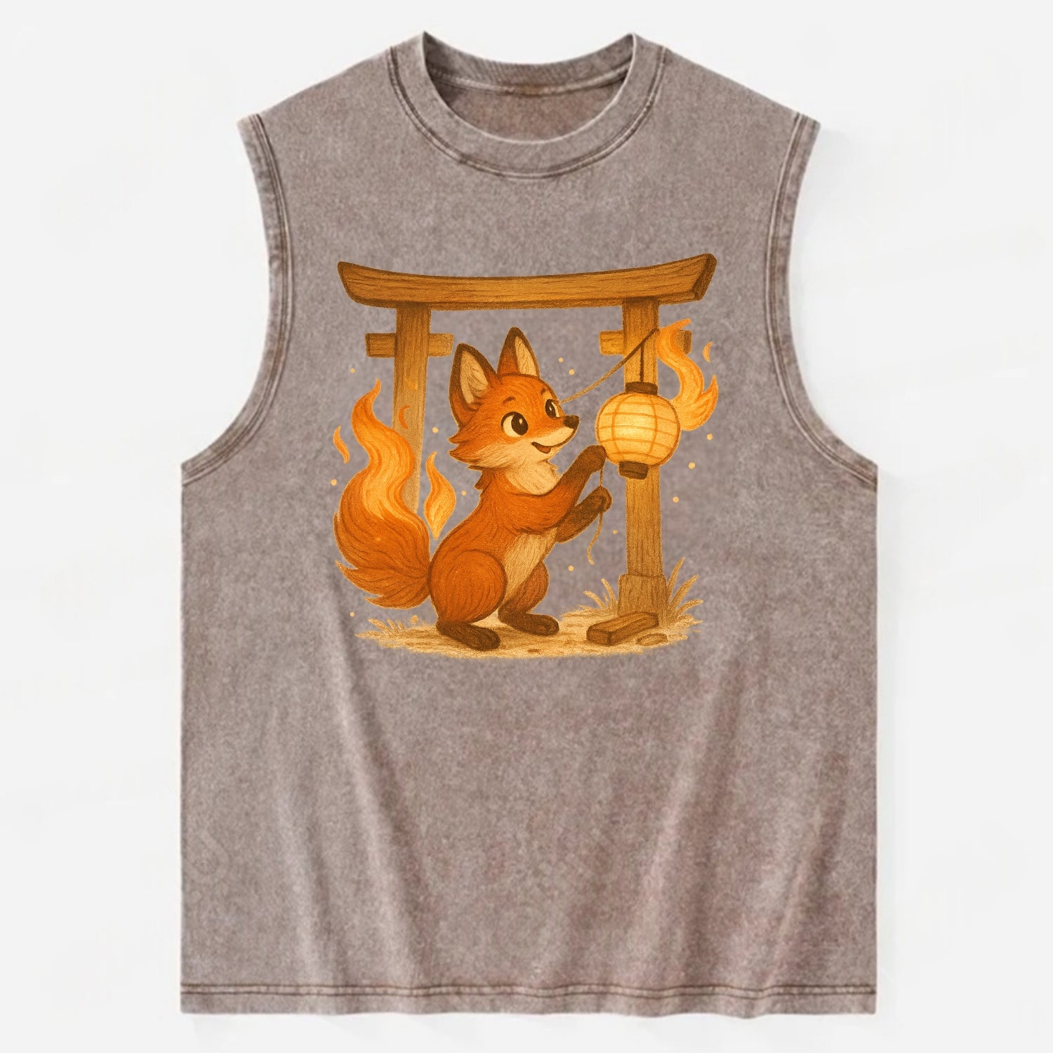 Foxfire kitsune stringing lanterns along a torii gate with tails of living - Vintage Washed Tank - Brown