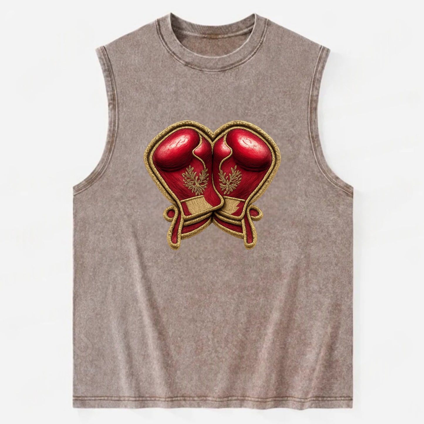 Embroidered patch design - BOXING GLOVES - red boxing gloves crossed in - Vintage Washed Tank - Brown