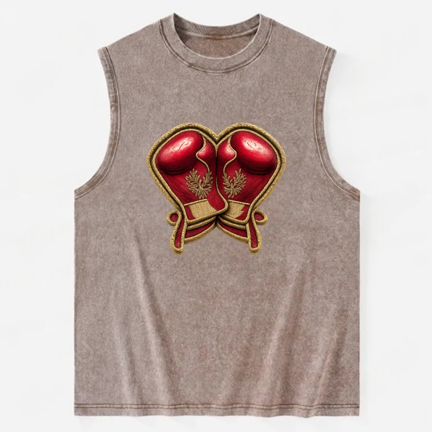 Embroidered patch design - BOXING GLOVES - red boxing gloves crossed in - Vintage Washed Tank - Brown