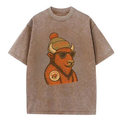 Oklahoma Buffalo wearing Oklahoma City beanie with pom pom and wayfarer sunglasses - Vintage T-shirt - Brown