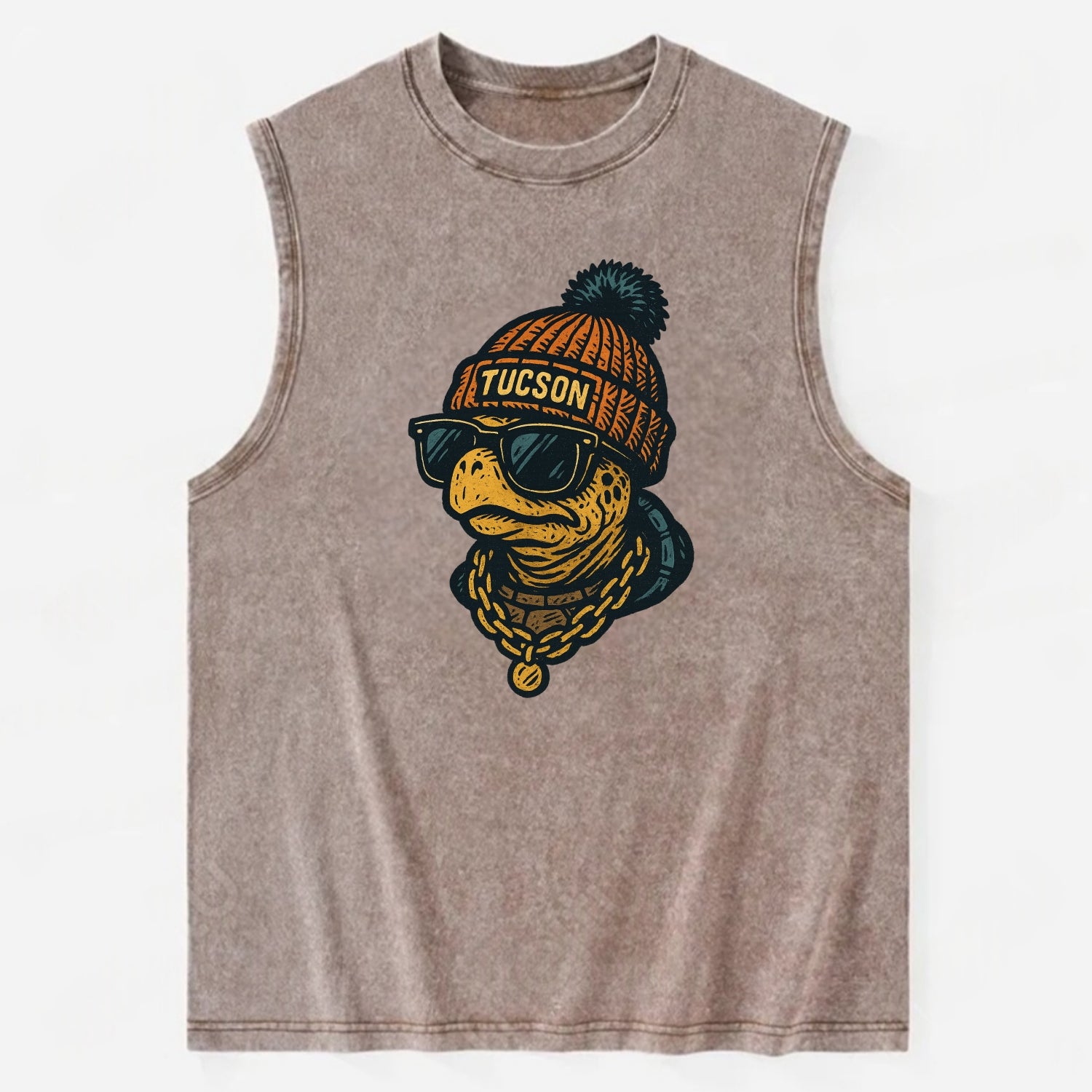 Tucson Desert Tortoise wearing Tucson beanie with pom pom and wayfarer - Vintage Washed Tank - Brown