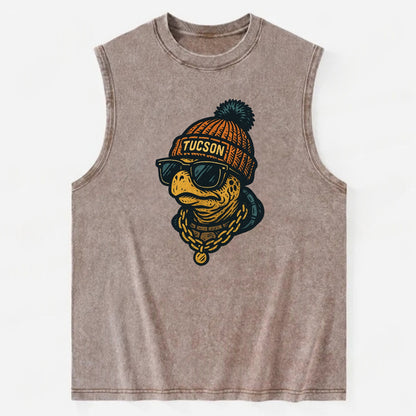 Tucson Desert Tortoise wearing Tucson beanie with pom pom and wayfarer - Vintage Washed Tank - Brown
