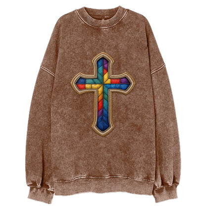 Stained Glass Cross  - Vintage Sweatshirt - Brown