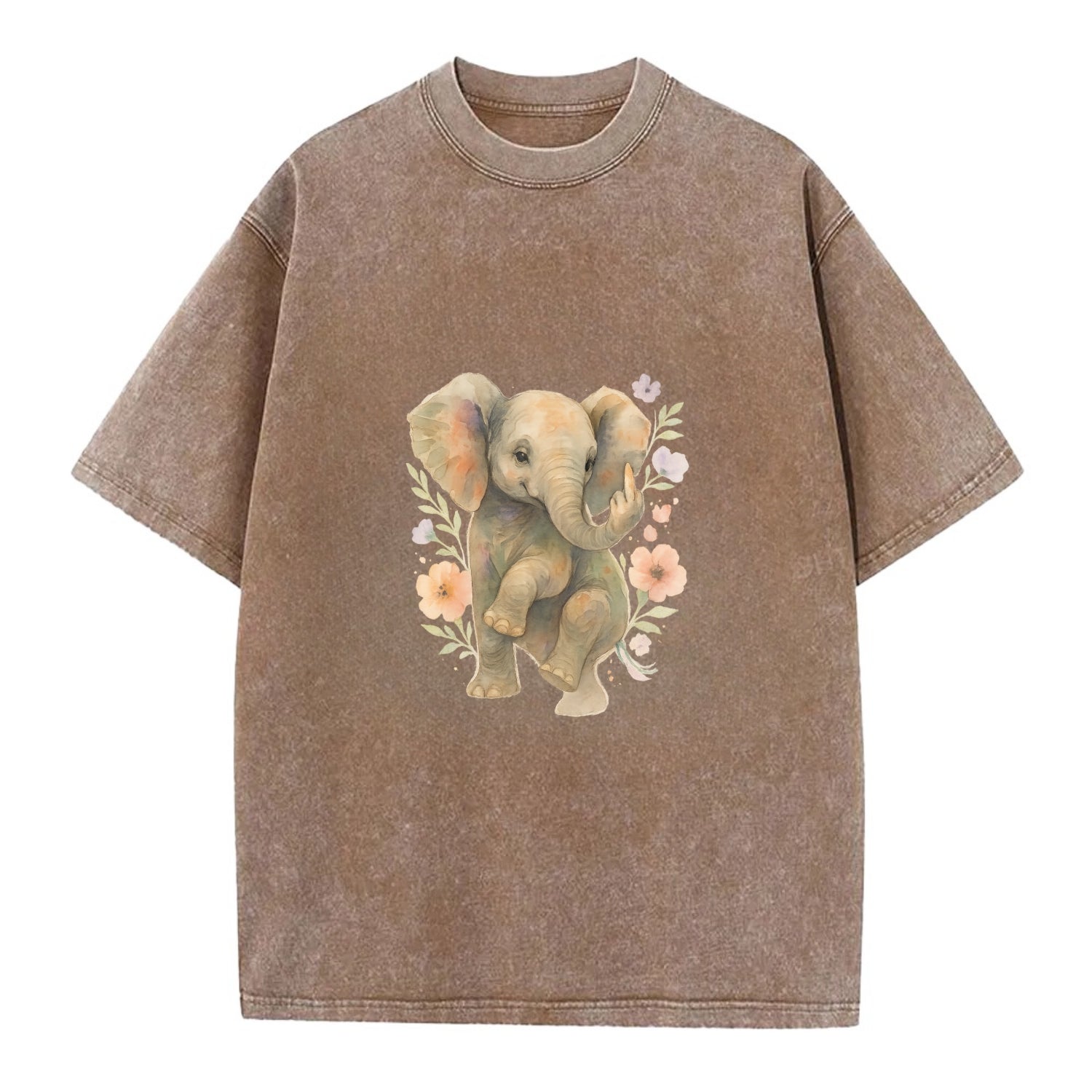 baby elephant with trunk up, one foot raised with middle toe extended - Vintage T-shirt - Brown