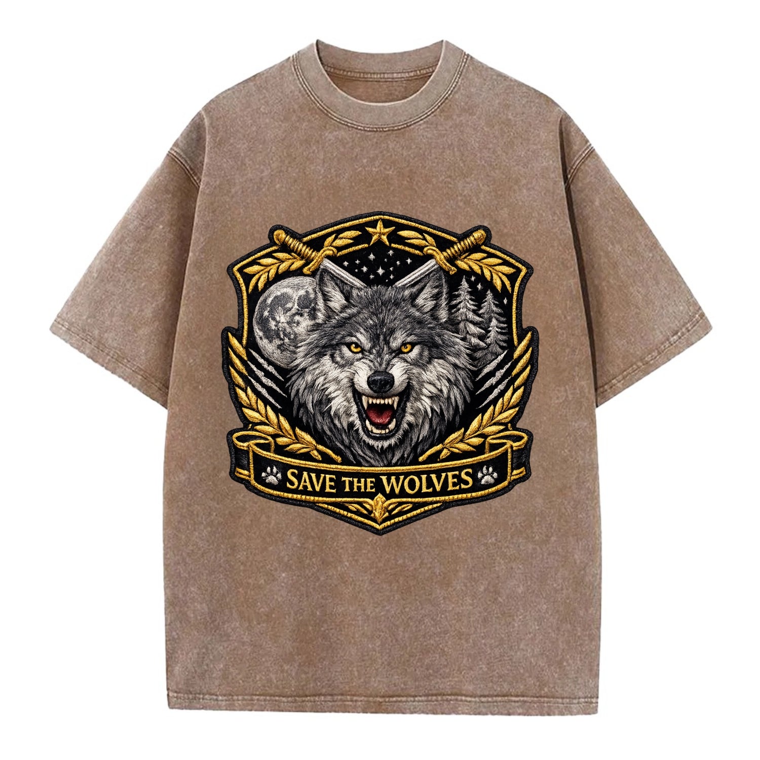 SAVE THE WOLVES - wolf moon in gray , predator protection - Vintage T-shirt - Brown