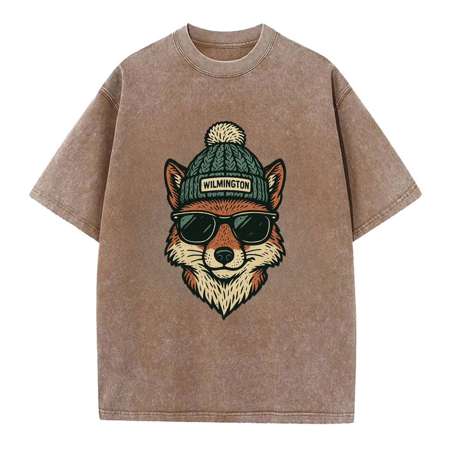 Delaware Gray Fox wearing Wilmington beanie with pom pom and wayfarer sunglasses - Vintage T-shirt - Brown